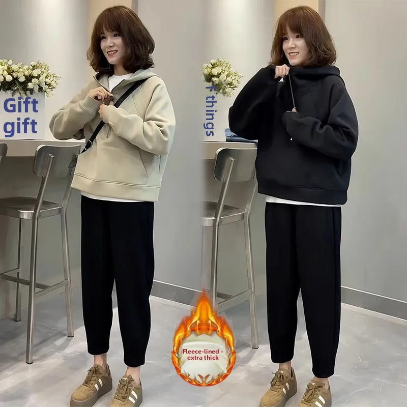 

Women's Thickened Fleece Hooded Zipper Loose Leggings Sports Suit Autumn Winter Casual Outfit Two-Piece Set Wide Leg Pants