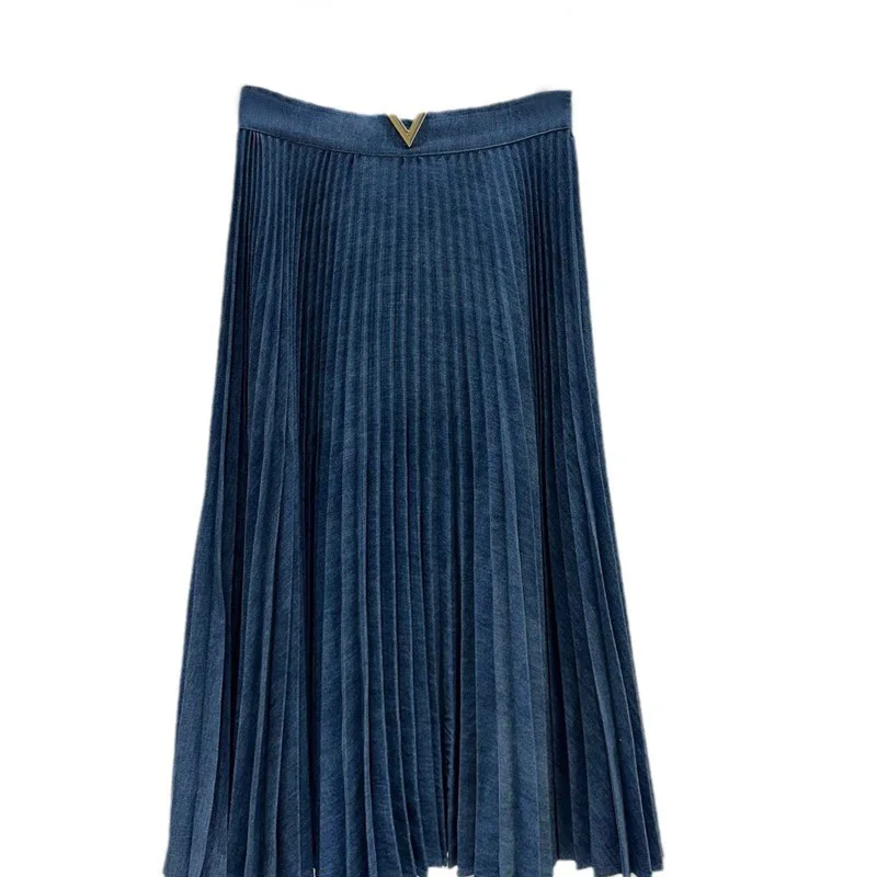 

2024 High Quality Accordion Pleated Denim Skirt French Retro Casual High Waisted Slim Umbrella Hem A-line Pleated Long Skirt