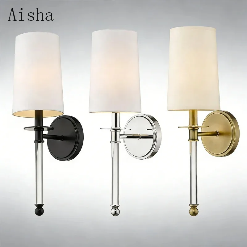 American Crystal Glass Wall Lamp Retro Fabric Wall Light for Home Bedroom Living Room Hallway Foyer Bathroom Bedside Decoration