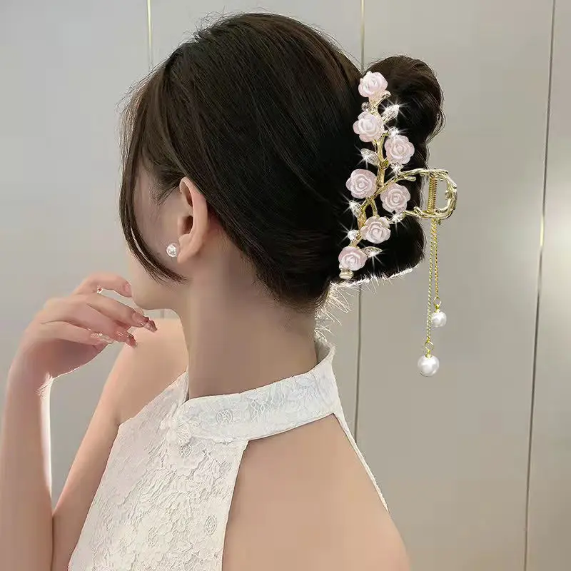 Elegant Rose Pearls Tassel Grabber 4.5Inch Large Size Metal Shark Clip Spring and Summer Super Fairy Women Back Head Headwear