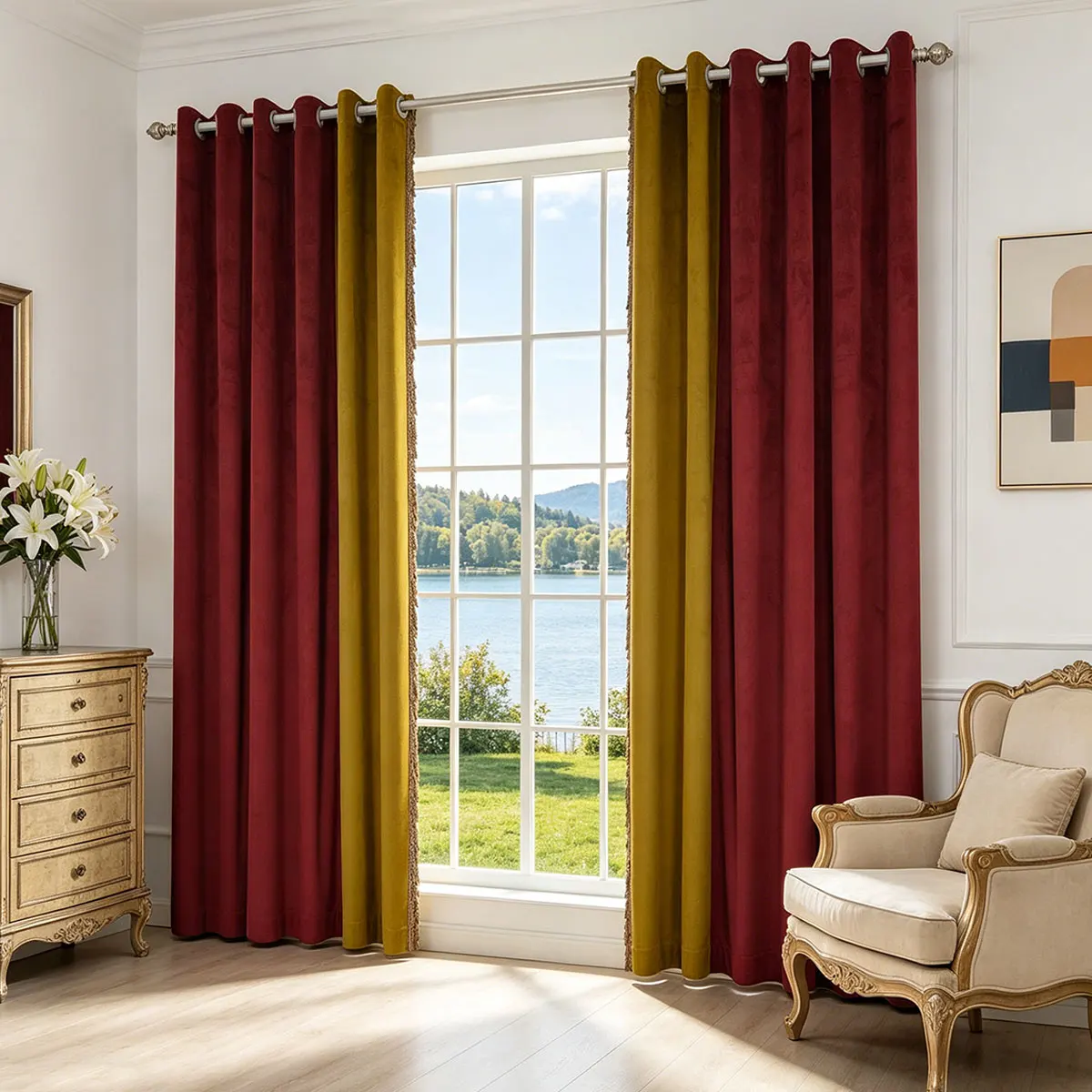 Vintage Luxury Velvet Tassel Splicing Curtains 2 Panels, Burgundy & Mustard Yellow Grommet Window Drapes, Soft Light Filtering Curtain for Bedroom Living Room Home Decor