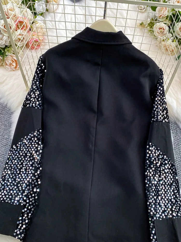 Giacca da donna casual con colletto rovesciato, vestibilità ampia, con paillettes, giacca monopetto a maniche lunghe, cappotto invernale da donna alla moda