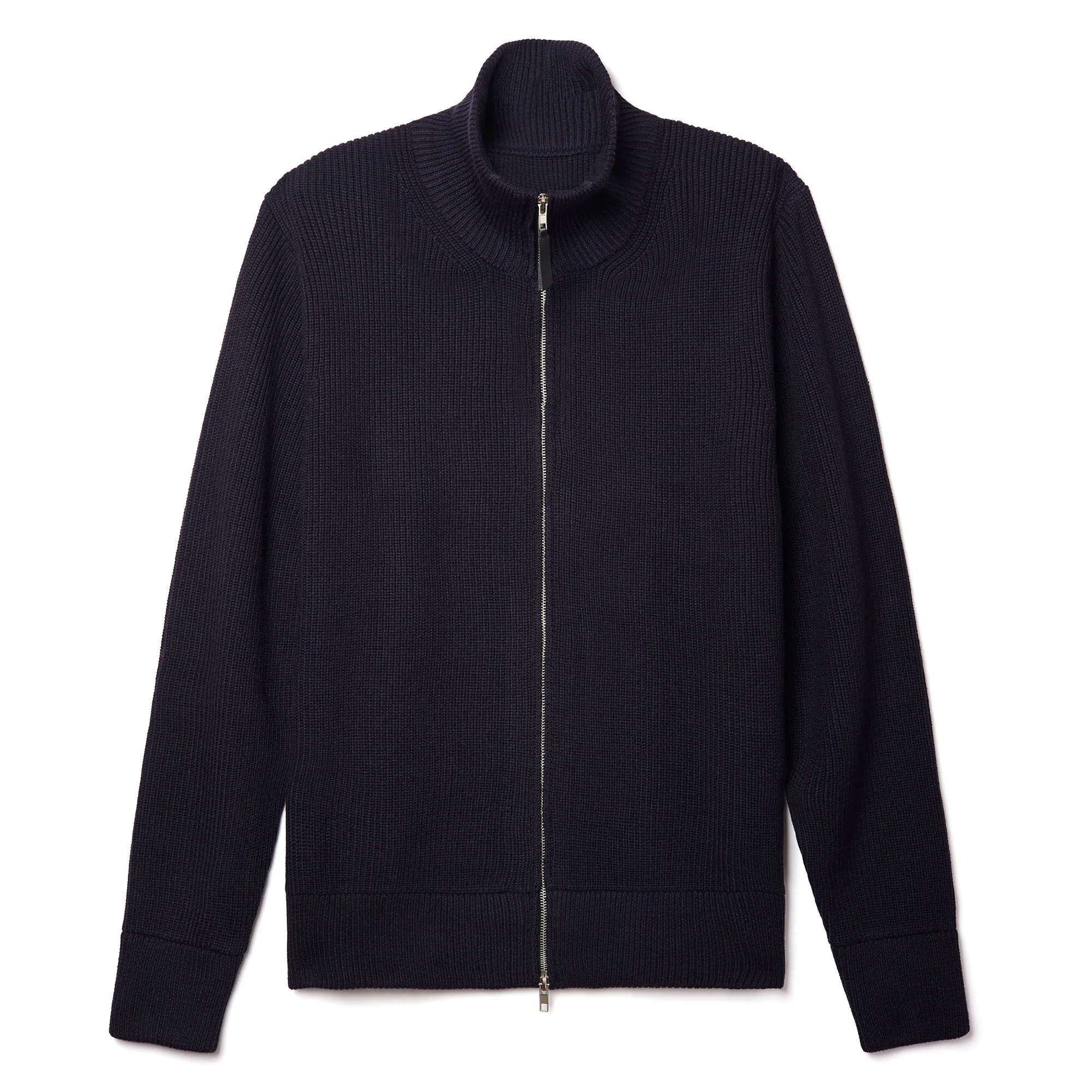 Four Cornered Navy Blue and Dark Green High Neck Stand Up Collar Wool Zipper Knitted Cardigan Sweater Jacket for Men