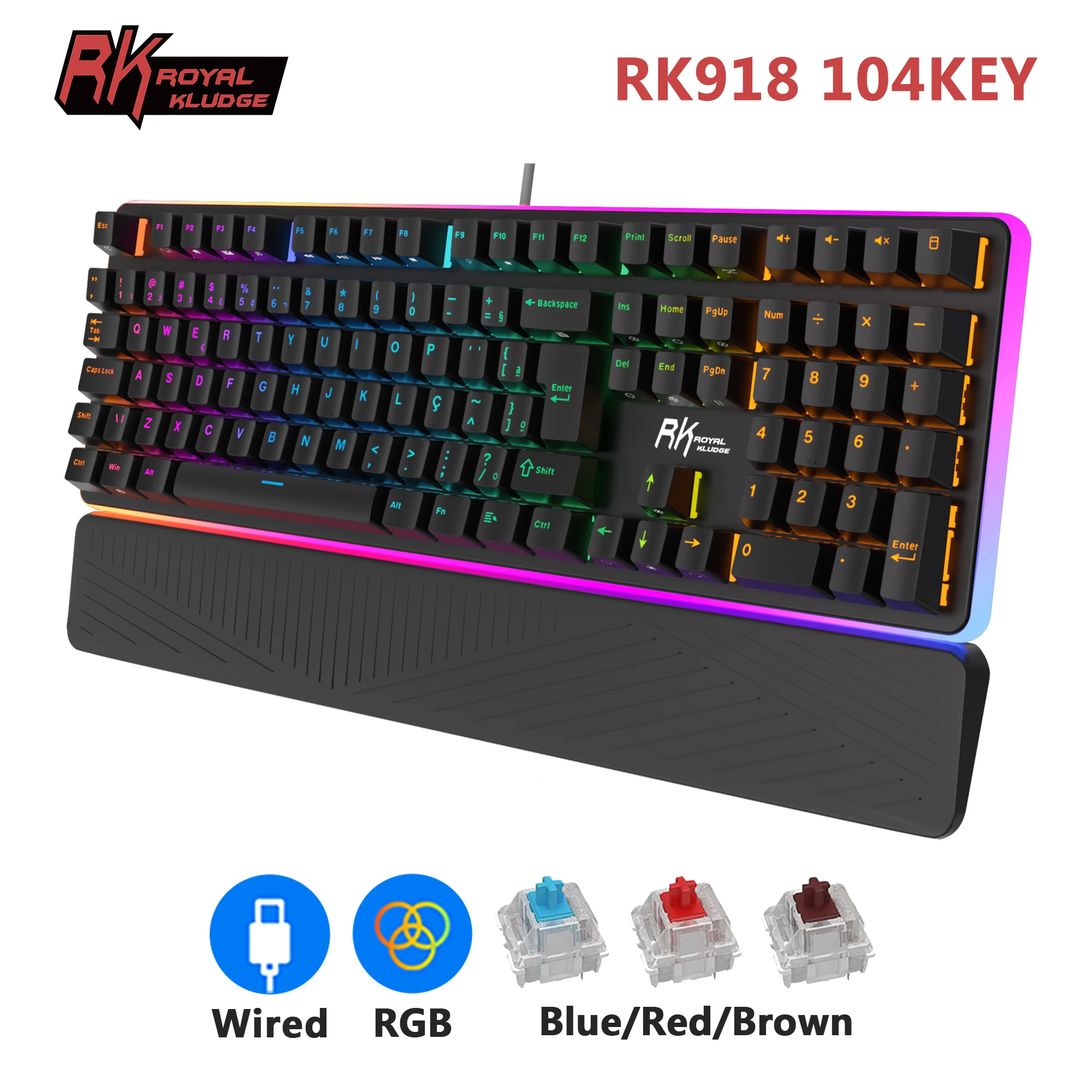 Rk royal kludge rk918 teclado mecânico com fio 108 teclas 100% rgb retroiluminado teclado para jogos com grande lâmpada lateral de imersão led