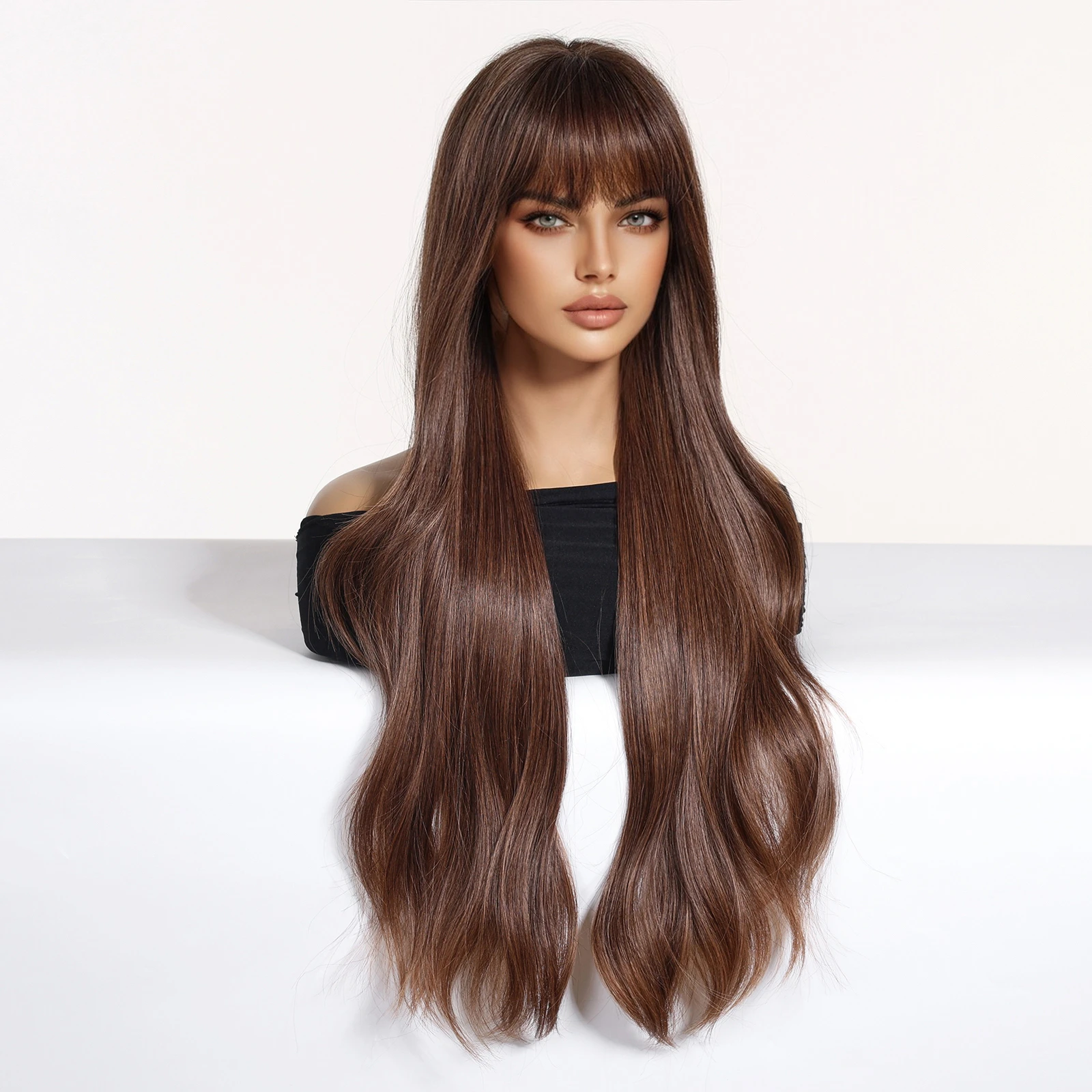 HAIRCUBE Brown Synthetic Wigs with Bang Long Natural Wavy Hair Wig for Women Use Daily Party Cosplay Use Heat Resistant Fiber