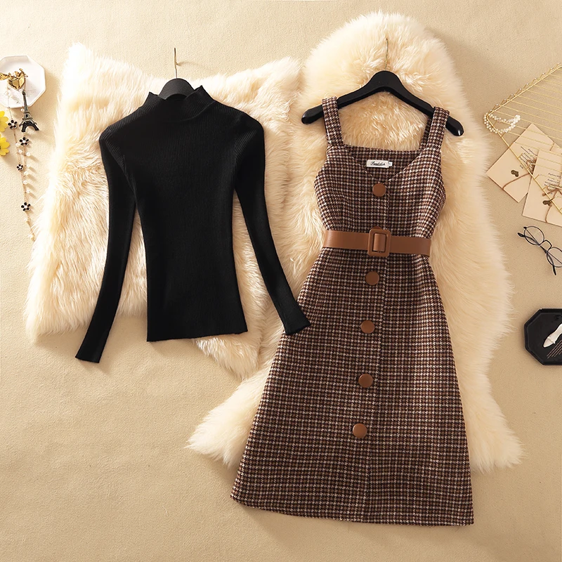 

Streetwear Two Piece Dress Women Autumn Winter Sweater Wool Knee-Length Spaghetti Strap With Belt Elegant Party Vestidos