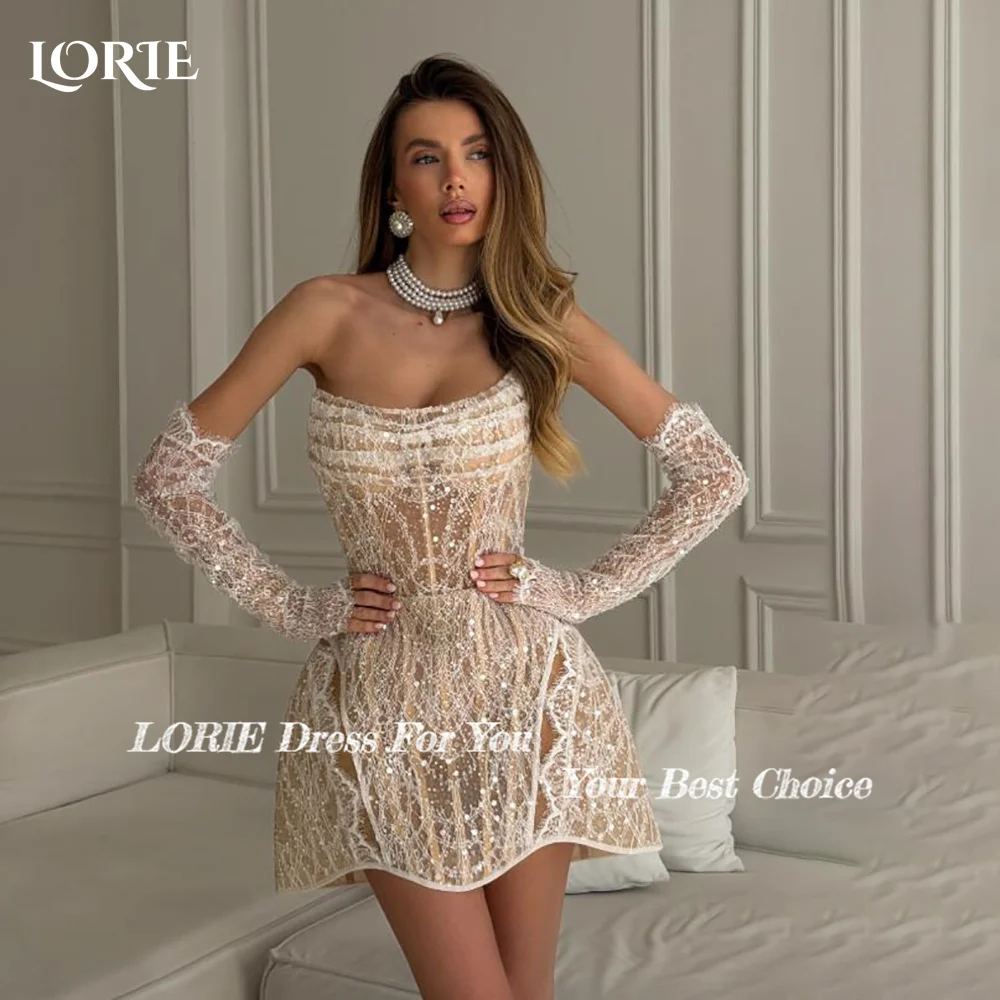 

LORIE Vintage Lace Short Mermaid Wedding Dress Pearls Appliques Strapless Corset Mini Bridal Gown Princess Bride Gown Customized