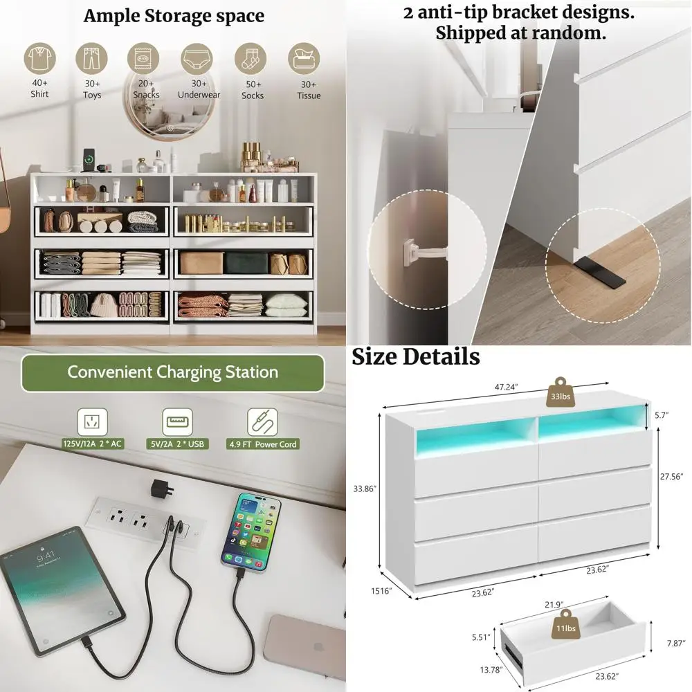 

6-Drawer Chest with LED Lights, Power Outlet, Wooden Storage Cabinet for Bedroom, Living Room, and Hallway