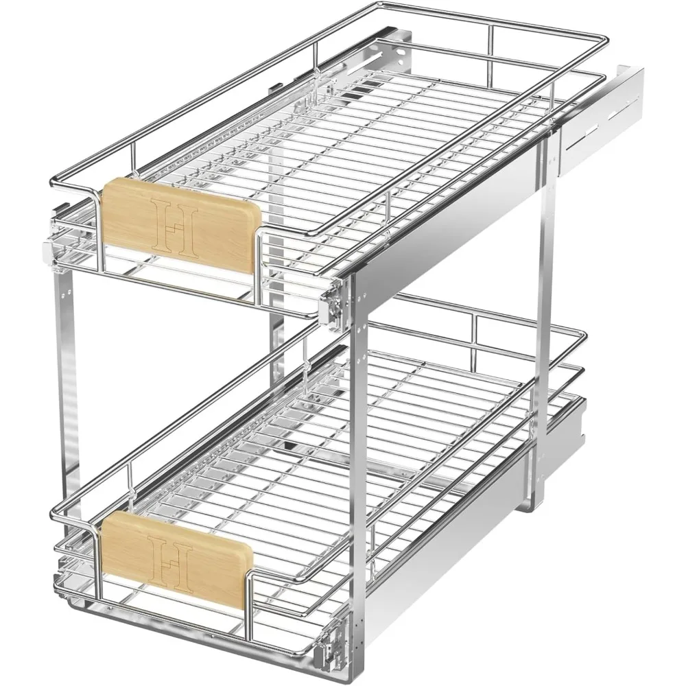 

2 Tier Pull Out Cabinet Organizer, Slide Out Drawers with Wooden Handle, Storage Holders