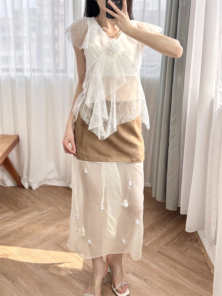 

Two piece skirt set women Rose ruffled lace vest top+suede patchwork sheer studded skirt, mountain tea under the moon