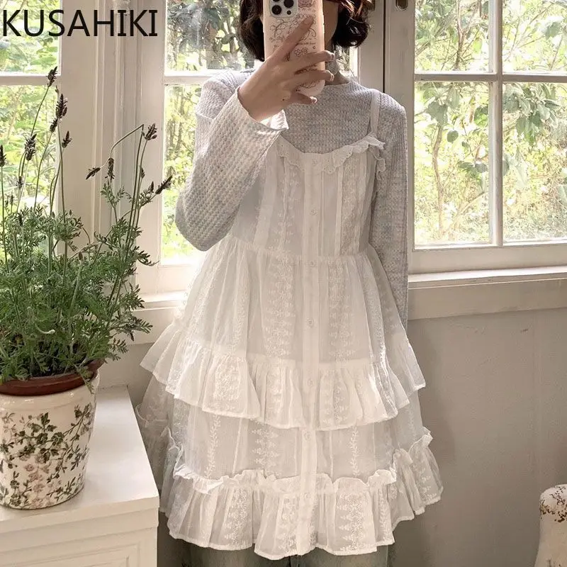 KUSAHIKI New Japanese Retro Spring Summer Layered Embroidered Suspender Top Versatile Sweet Vest Short Dresses