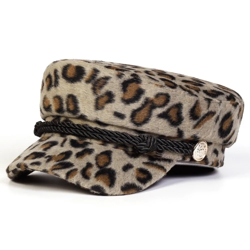 Braided Rope Decor Newsboy Beret Hat Vintage Style Decorative Button Flat Top Hat All-match Thickened Leopard Print Cap Travel