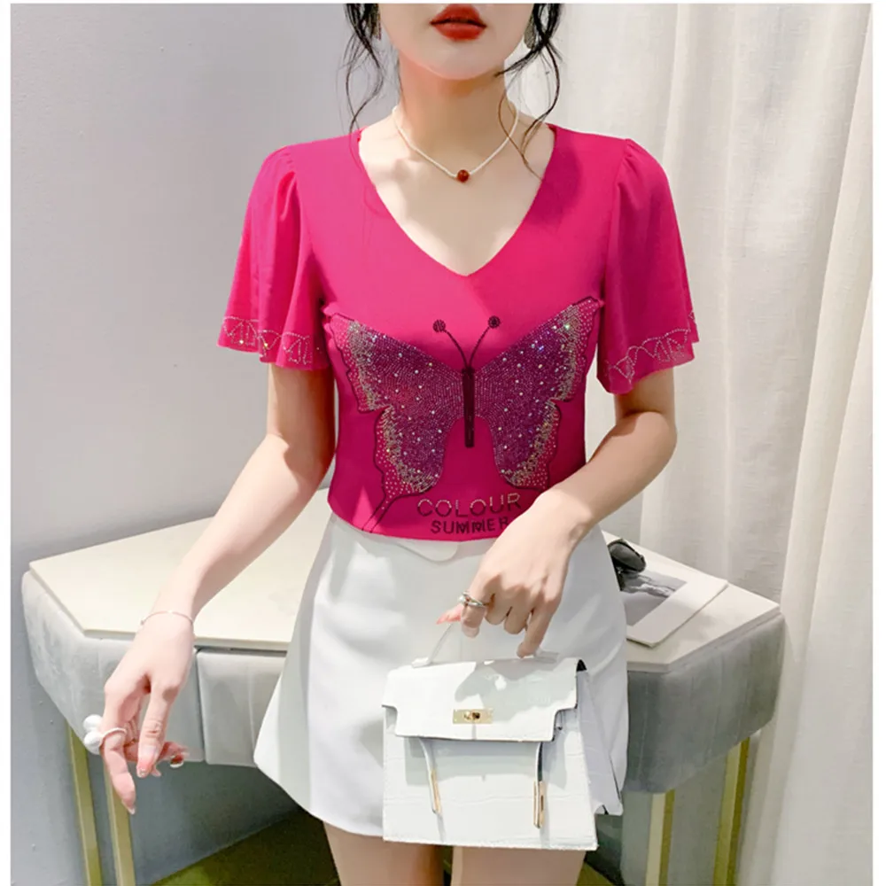 

2025 Summer Fashion T-Shirt Sexy Butterfly Shiny Diamonds Women Elegant Tops Tees Short Sleeve y2k clothes