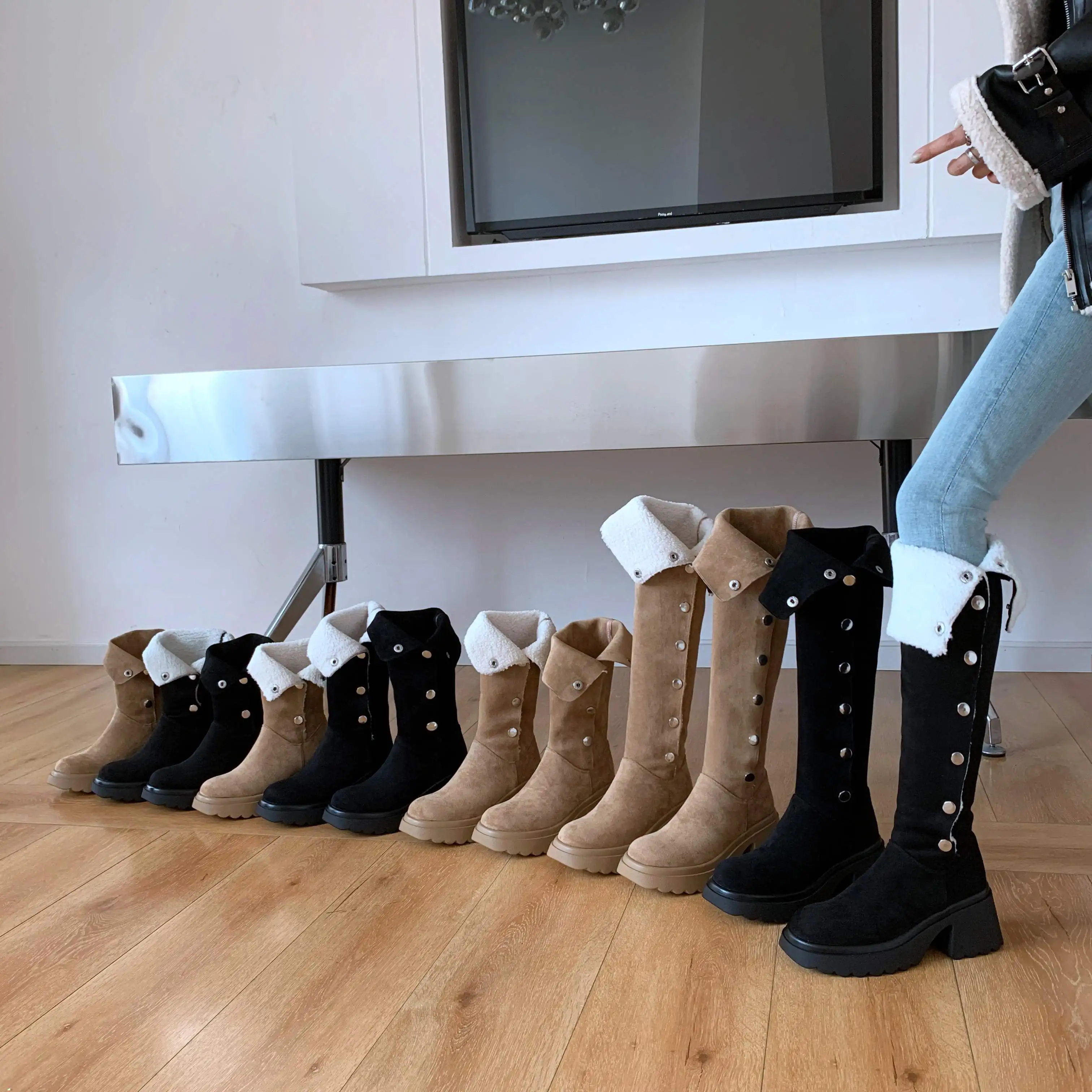 Krazing Pot Cold Resistant Flock High Heels Stretch Long Boots Zip Winter Shoes Platform Sexy Casual Snow Women Thigh High Boots