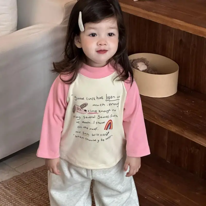 

2025 Winter New Children Long Sleeve T Shirts Cute Letter Print Girls Thick Warm Shirts Kids Casual Tops Baby Cotton Tee