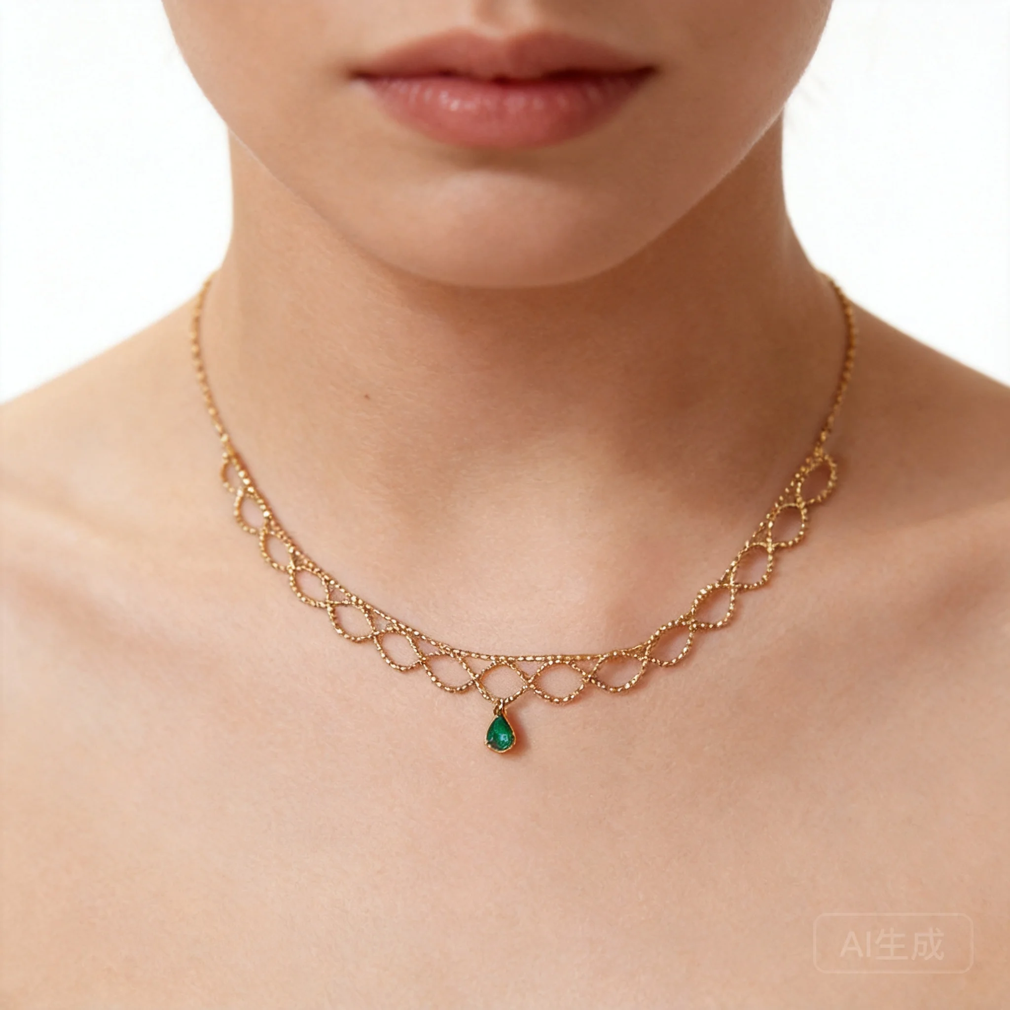 Snop Traditional Chinese Lucky Gold Lace Choker Italian Craft Teardrop Green Stone Adjustable Clavicle Necklace For Women Fortun