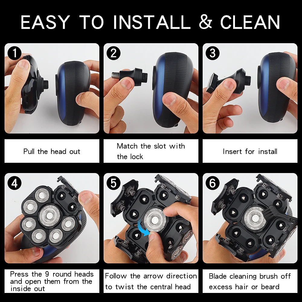 2022 Men's Electric Shaver 6 In 1 Floating 9 Heads Usb Rechargeable Waterproof Razor Nose Hair Trimmer Bald Head Shaver Machine