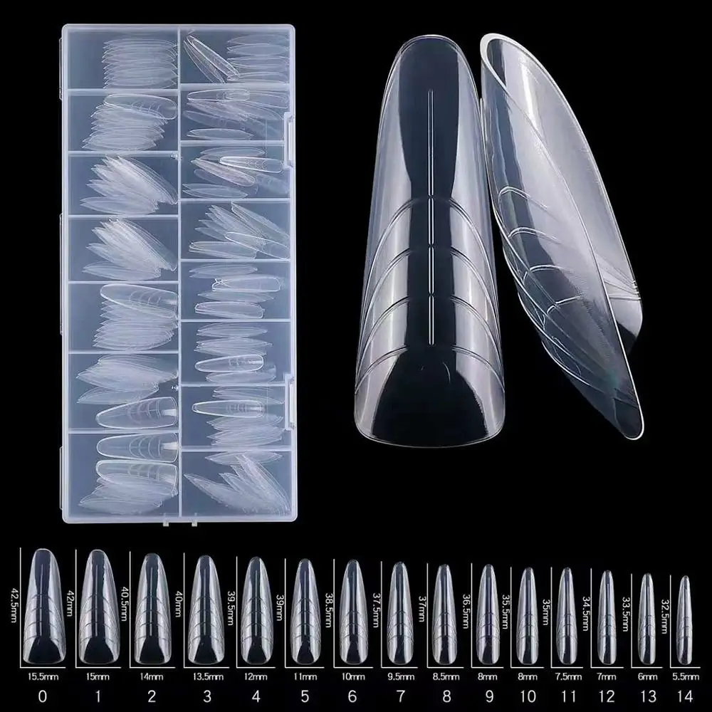 150Pcs 15 Sizes Sandwich Nail Forms Reusable Transparent Full Cover Nail Tips No-Trace Long Length Clear Nail Extension Builder