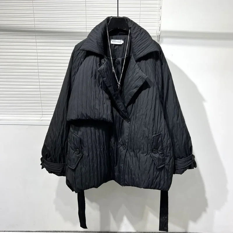 

Korean Version 2024 Winter New White Duck Down Casual Fashion Pleated Big Collar Warm Wrinkled High-end Women's Coat Outer