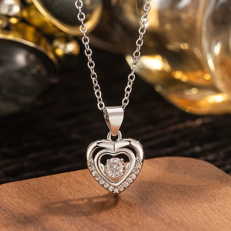 Korean Version Sweet Double Love Necklace Simple Beating Heart Pendant Clavicle Chain Valentine's Day Gift For Women KOFSAC