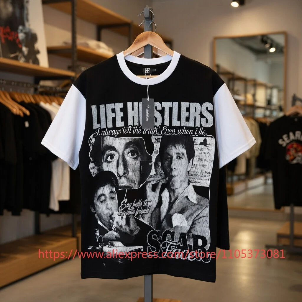 2026 New Life Hustler Rhinestone Studded Oversized T-Shirt Contrast Sleeve Hip Hop Unisex Spring Summer 2026 New