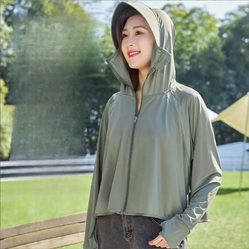 Summer Sun-protective Women's Clothing Breathable Smock Ice Silk Thin UV Protection Coat Woman Loose Hoodie Long-Sleeved Shirt
