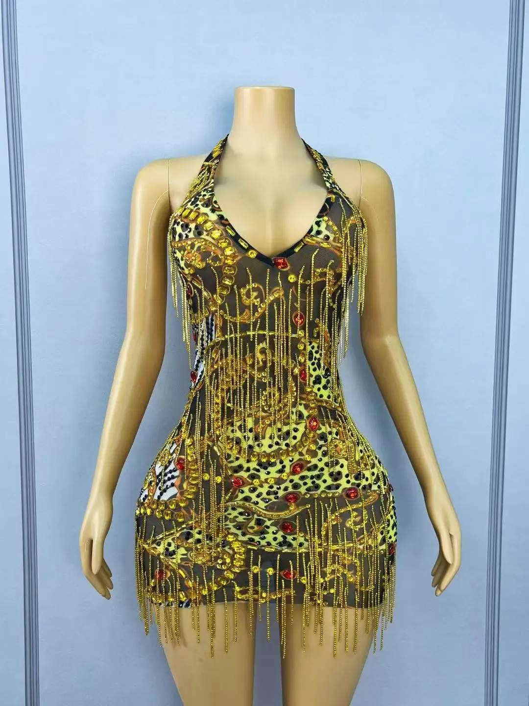 ชุดเดรสสั้นรัดรูปประดับเพชรทอง - Sparkly Rhinestone Club Party Dress บทวิจารณ์และราคา