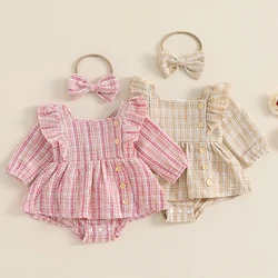 Autumn Winter Princess Newborn Baby Girls Rompers Clothes Elegant Plaid Ruffles Long Sleeve Button Jumpsuits Skirts Headband