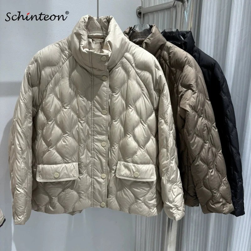 Schinteon المرأة الأبيض بطة أسفل سترة عادية الوقوف طوق دافئ الخريف الشتاء أبلى معطف الموضة جودة عالية 2025 جديد