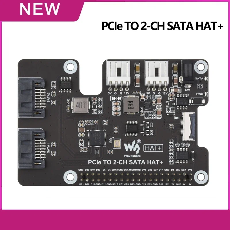 Waveshare PCIe TO 2-CH SATA HAT+ Raspberry Pi 5 PCIe to SATA Expansion Board with EEPROM HAT+