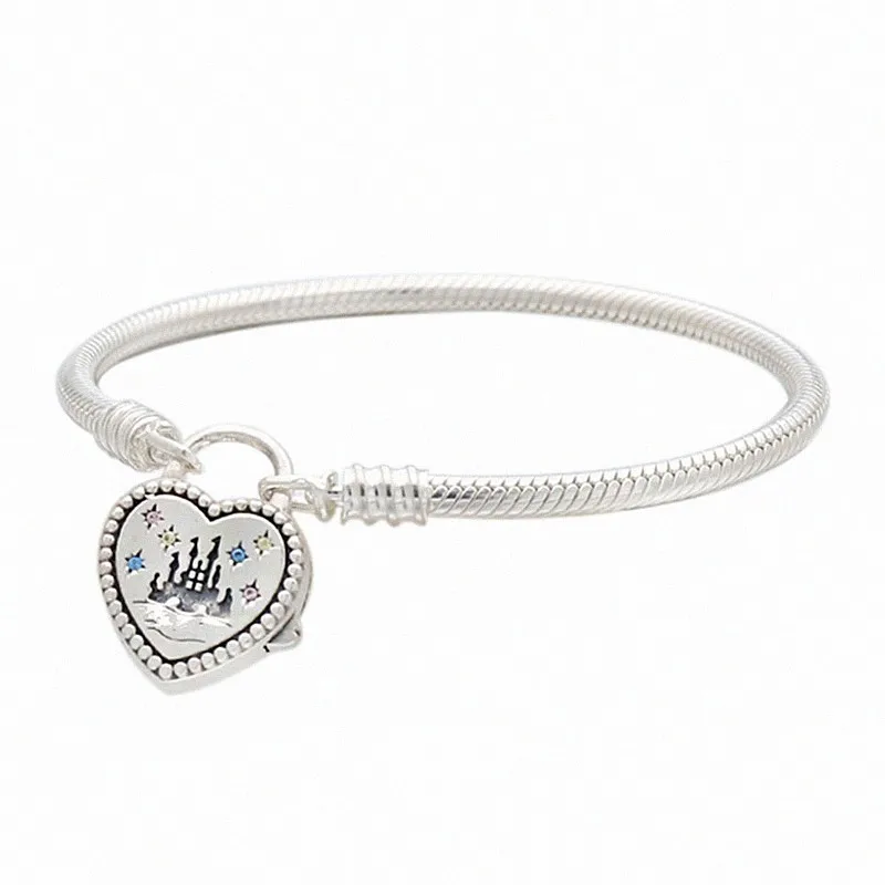 

Original Lock Heart With Crystal Snake Chain Bracelet Bangle Fit Women 925 Sterling Silver Bead Charm Fashion Jewelry