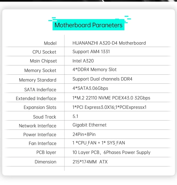 HUANZHI A320 AM4 Motherboard supports AMD Socket AM4 Ryzen Series CPU M.2 NVMe DDR4 Dual Channel Gaming Motherboard