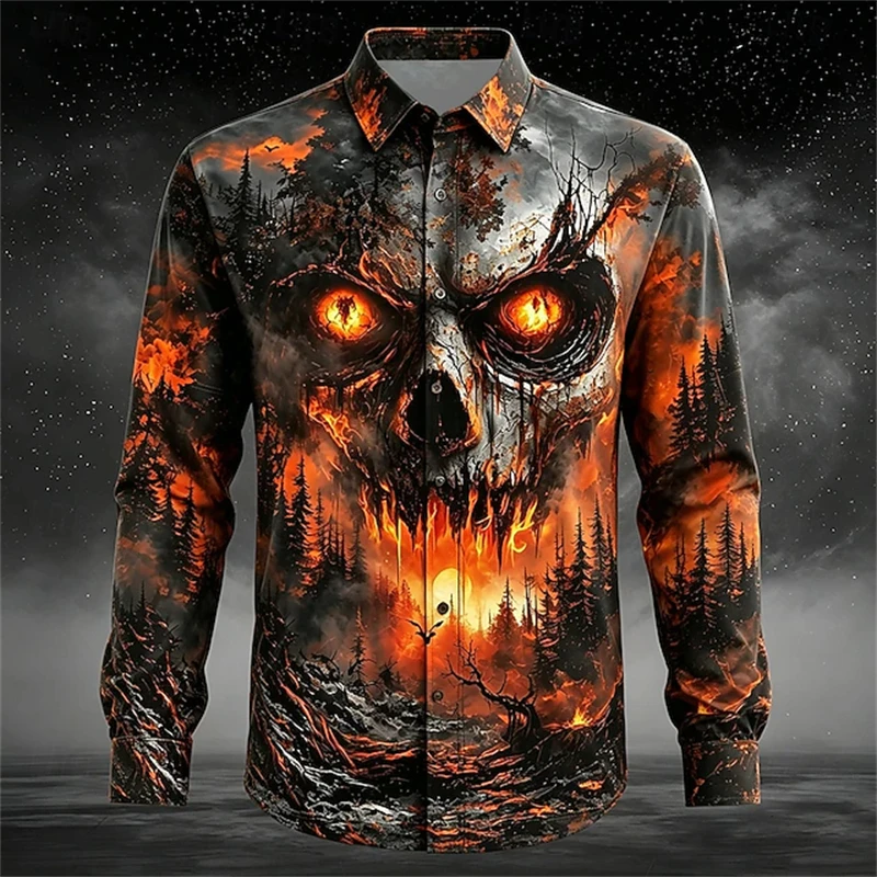 2026 Halloween Men's Cool Skull-Print Shirt Button-Down Long-Sleeve Shirt Dark Gothic Streetwear Top Holiday Shirt