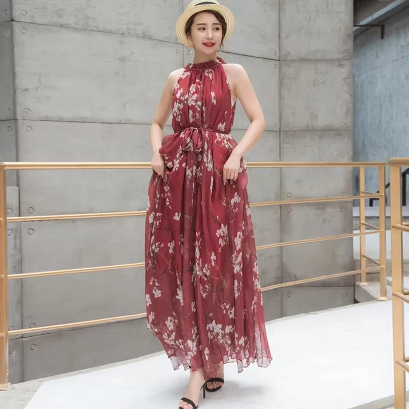 Verano Floral gasa Floral sin mangas tirantes Maxi vestido para mujer Sexy espalda descubierta playa Boho mujer vestido veraniego fotografía