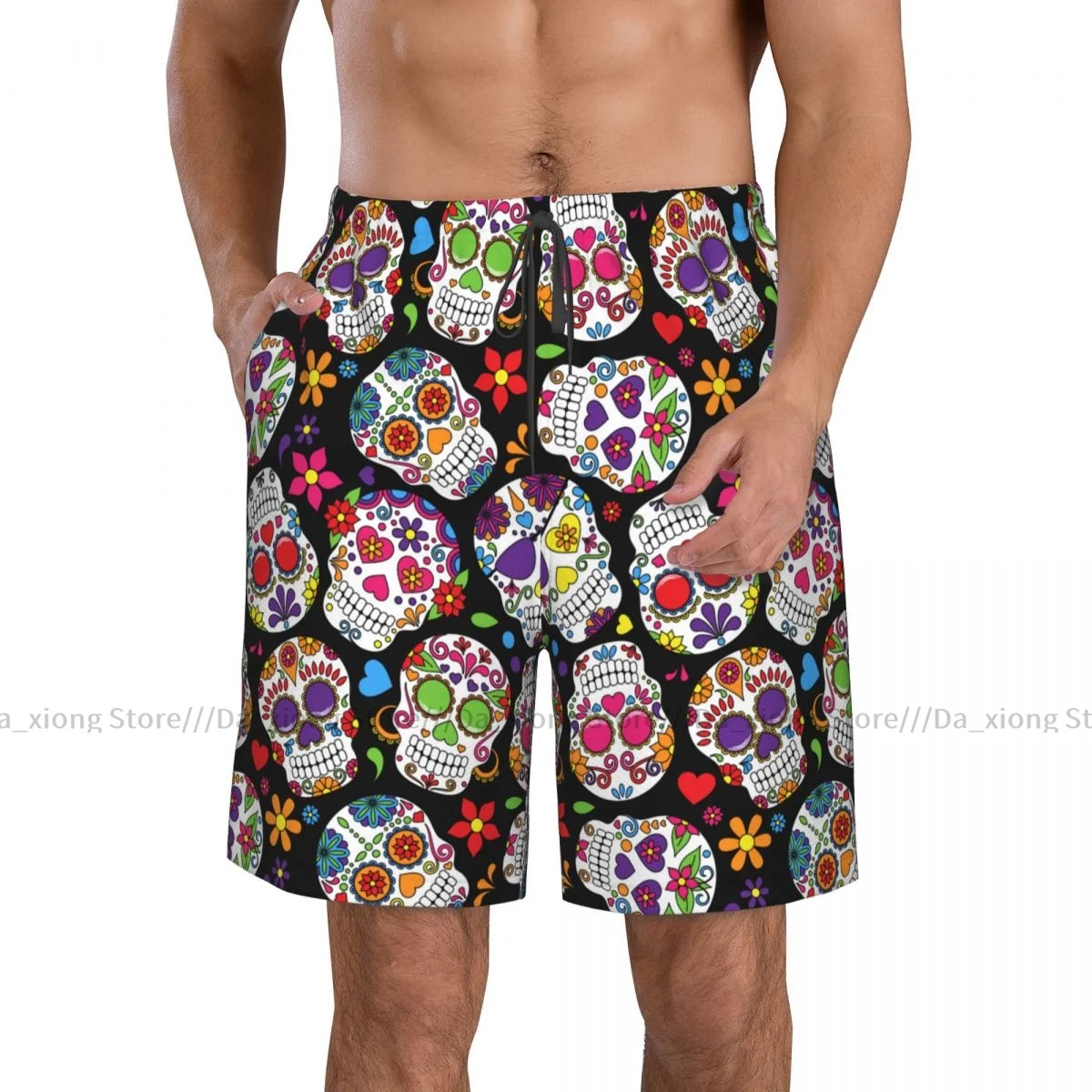 Men's Beach Short Swim Shorts Day Of The Dead Sugar Skull Background Surfing Sport Board Shorts Swimwear