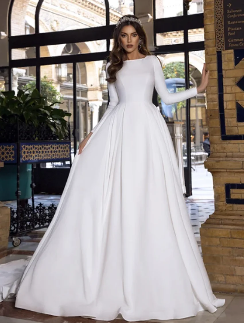 Long Sleeve Backless Caftan Elegant Bride Dress Vestido De Noiva Muslim Wedding Gowns Smileven Satin Princess Wedding Dresses