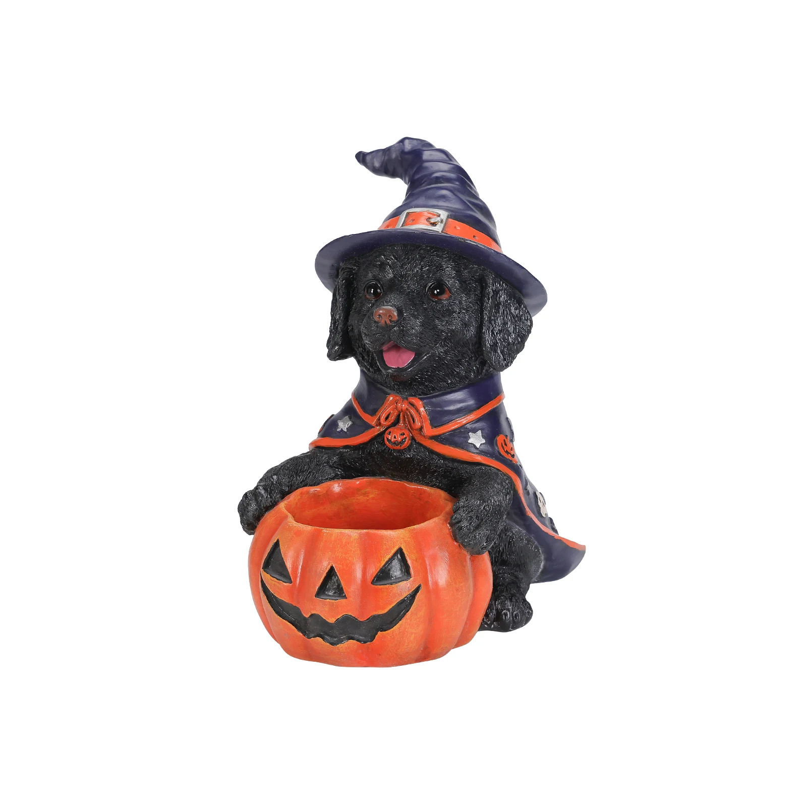 Halloween Black Labrador Retriever Witch Puppy Figurine, Cute Dog Holding Pumpkin Candy Bowl Decoration, Lovable Labrador Puppy Dressed as a Witch, Classic Jack-o'-Lantern Candy Bowl, Durable Resin, Hand-Painted Finishes, 12.6 Inches Tall