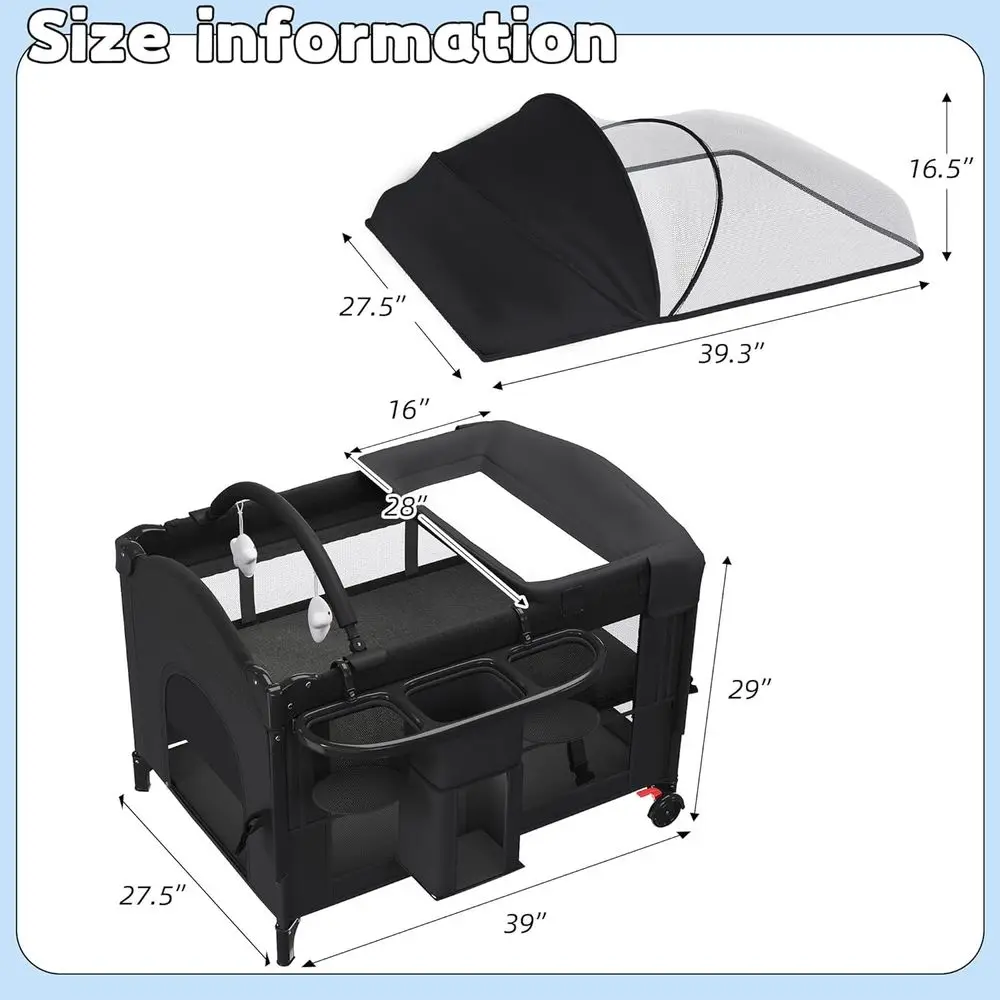 سرير أطفال قابل للتحويل 5 في 1 باللون الأسود مع أرجوحة وسرير أطفال ومبدل وشبكة ناموسية ولعبة