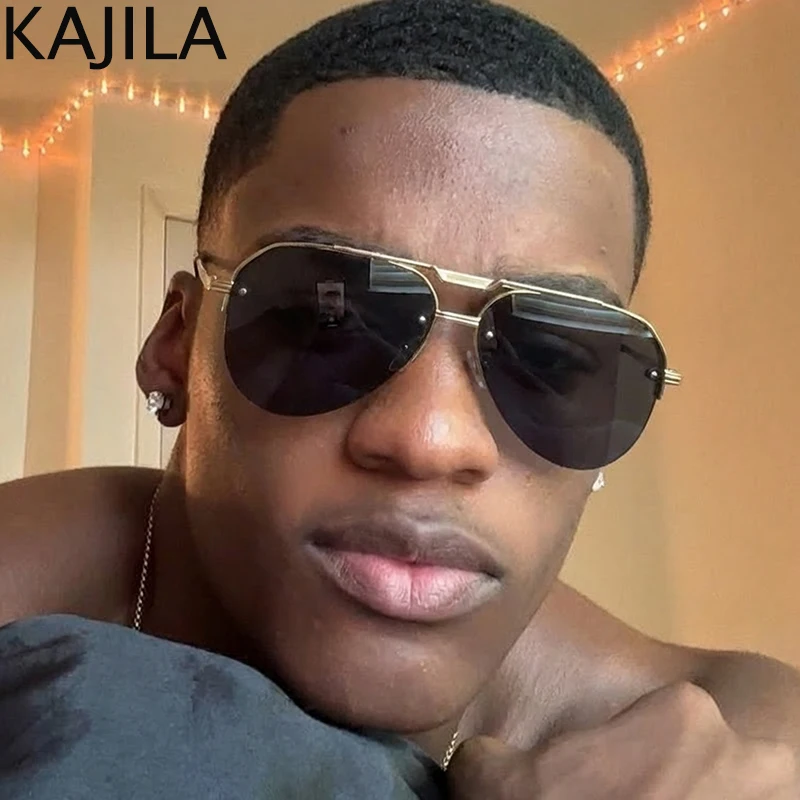 

Oversized Oval Pilot Sunglasses Men 2026 Luxury Brand Vintage Semi-Rimless Double Bridge Sun Glasses For Male Fashion Shades