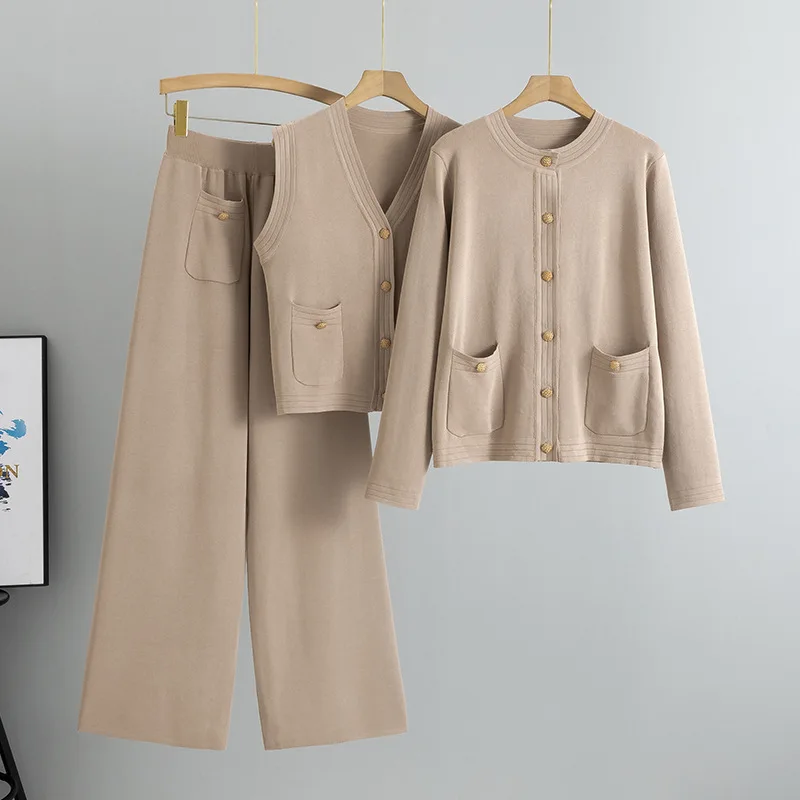 

Корейские широкие брюки, свитер, жилет, комплект футболок, женский осенне-зимний новый вязаный кардиган, повседневная спортивная одежда