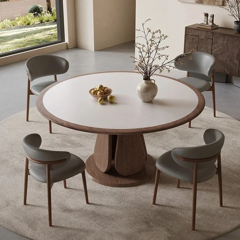 Solid wood matte rock slab dining table with turntable imported light luxury modern 1.5m round table