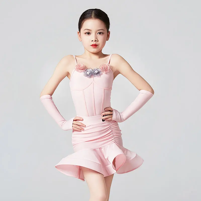 

Усовершенствованный летний комплект одежды для латинских танцев с кружевной оплеткой для девочек, профессиональная одежда для тренировок и выступлений для детей