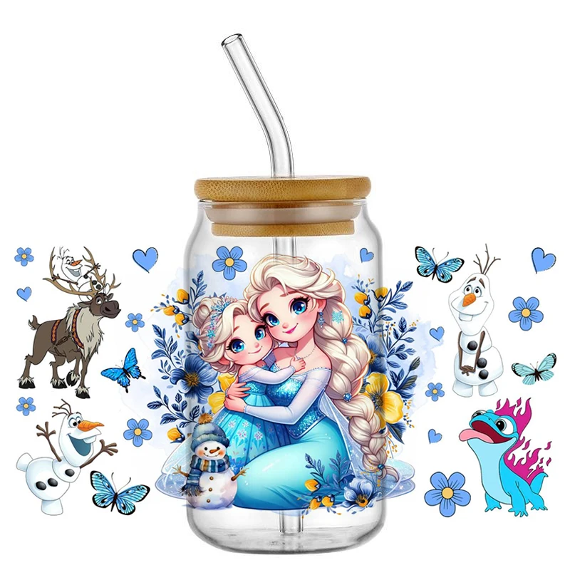 Pegatina de transferencia UV DTF lavable 3D con diseño de princesa Mama, calcomanías de dibujos animados impermeables para envolver tazas de vidrio de 16oz