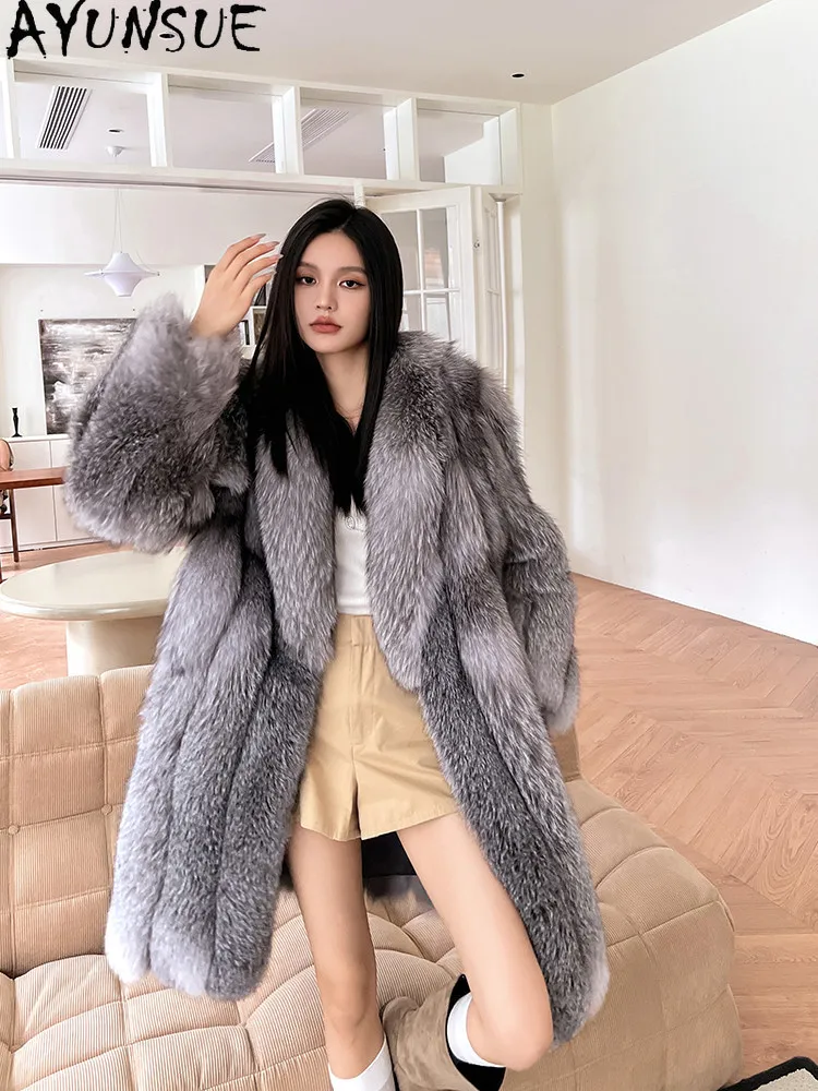AYUNSUE Prawdziwy futro z lisiego futra płaszcz damski luksusowa zimowa kurtka futrzana średniej długości nowe płaszcze futrzane odzież wierzchnia odzież damska w stylu high street Шуба