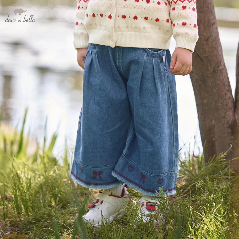 Dave Bella Jeans Denim Blue Autumn Children Wide Leg Pants Spring Straight Trousers Girls Clothes Casual Elastic Sweet DB3262665