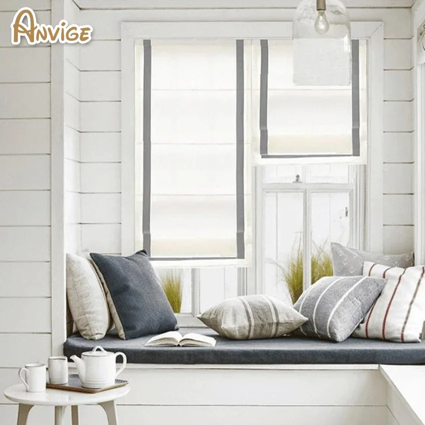 

Anvige modern white fabric with grey trim,flat window curtains,custom roman blinds with trim