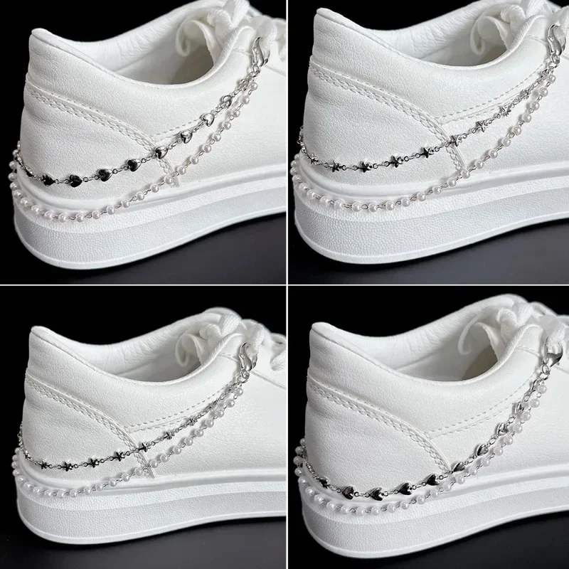 Double Layer Star Heart Pearl Shoe Chain, Punk Hip Hop Metal Shoe Charms Sneaker Decor Accessories
