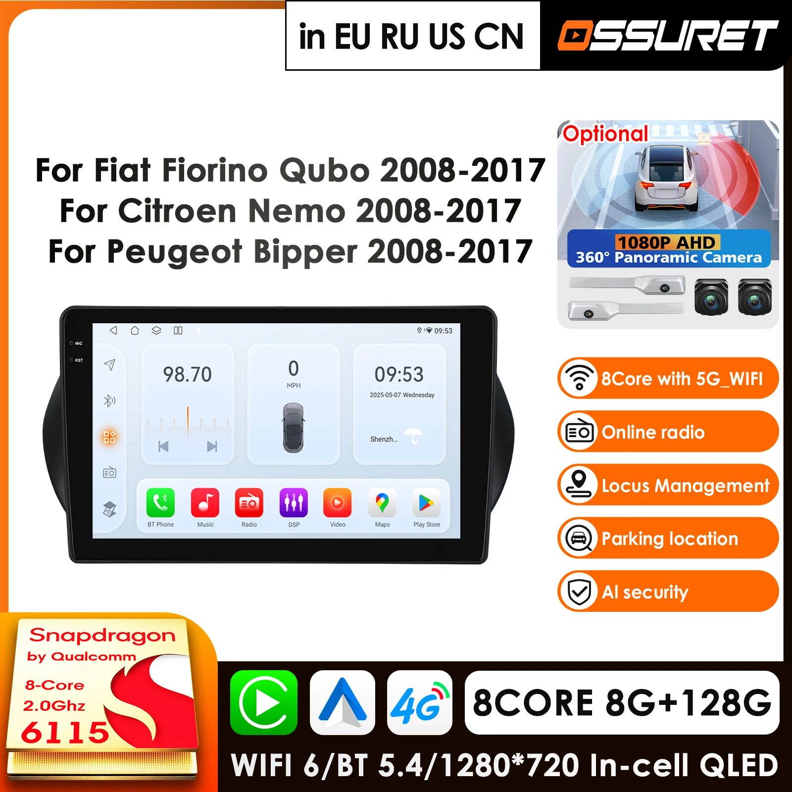 

10.1'' Carplay 4G Android 14 Car Radio for Fiat Fiorino Qubo Citroen Nemo Peugeot Bipper 2008-2017 Multimedia Player GPS DSP FM