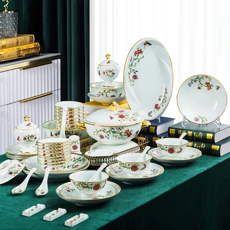 Tableware Set Bowl and Dish 68 Piece Set Gilding Process Floral Butterfly Double Ear Pot Plate Spoon Stewing Cup Combination Set