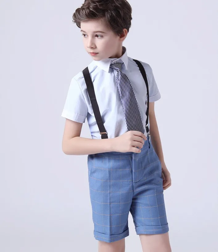 

Summer Wedding Suit For Boy Kids Shirt Suspender Shorts Tie 4PCS Formal Suit Children Graduation Suit Teenager Costume Teenager